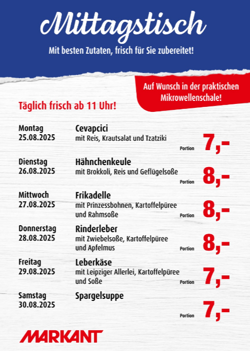 Markant Freu Dich Drauf - Mittagstisch-Prospekt gültig vom 25.08. bis 30.08.