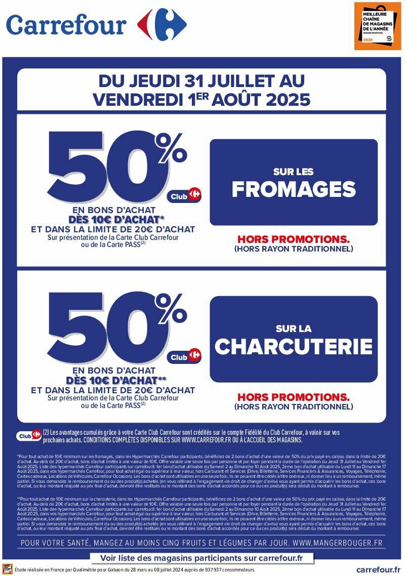 Catalogue Carrefour - Opération Bon D’Achat Sur Fromages & Charcuterie valable du 31/07 au 01/08