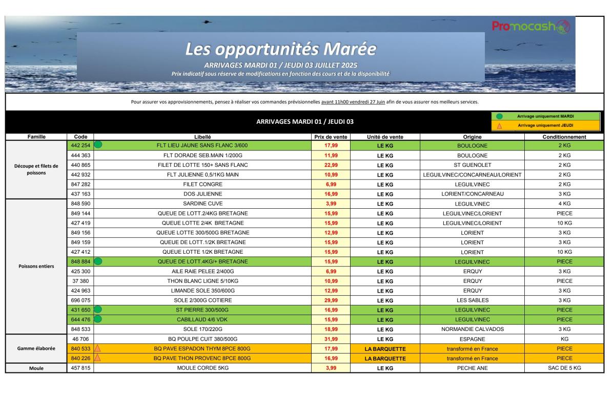 Catalogue Promocash - Les opportunités Marée valable du 01/07 au 03/07