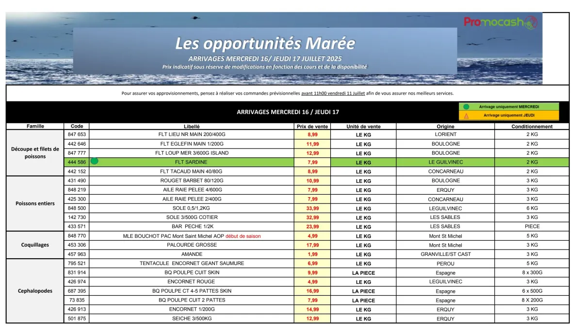 Catalogue Promocash - Les opportunités Marée valable du 16/07 au 17/07
