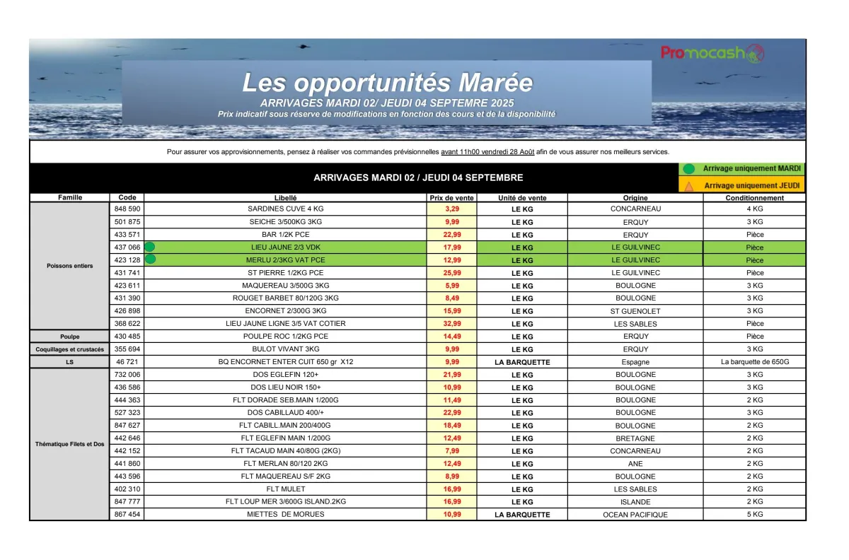 Catalogue Promocash - Les opportunités Marée valable du 02/09 au 04/09