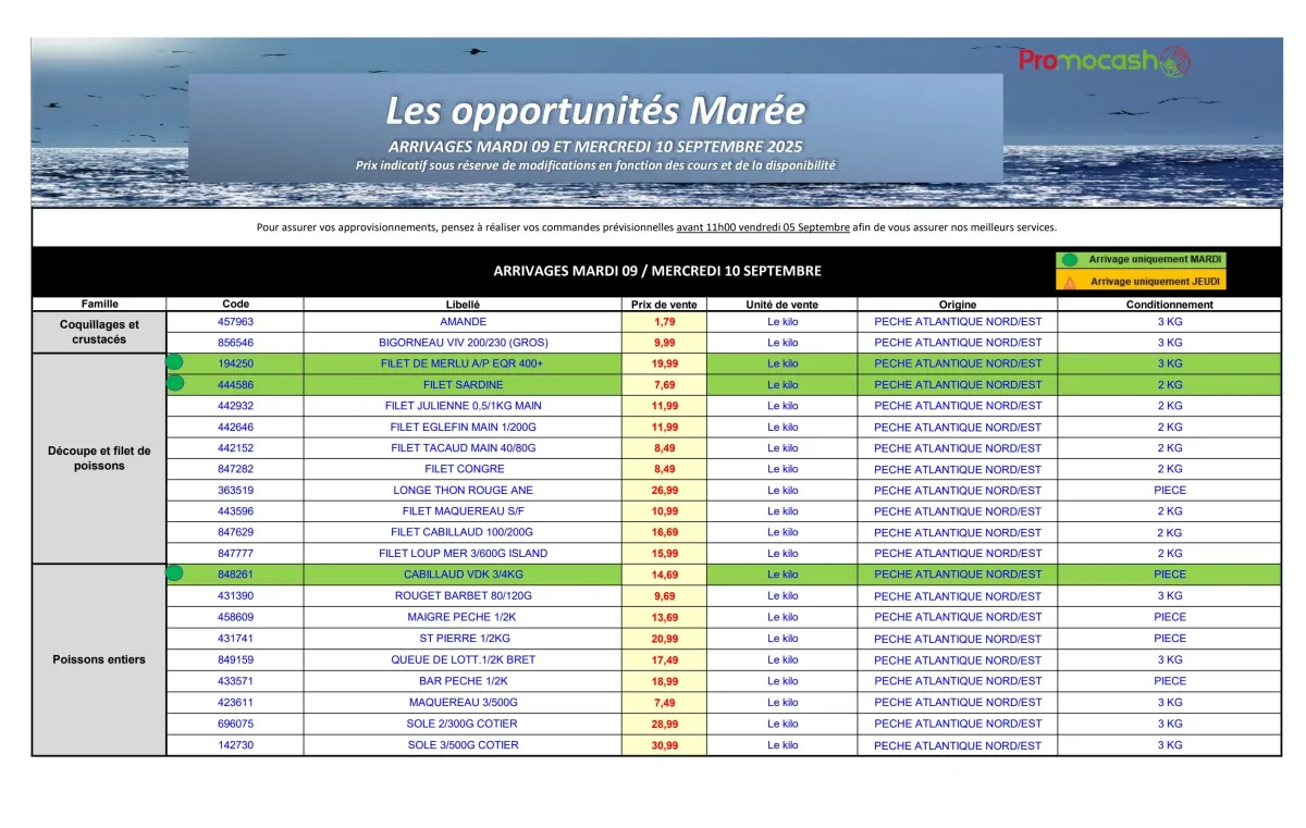 Catalogue Promocash - Les opportunités Marée valable du 09/09 au 10/09