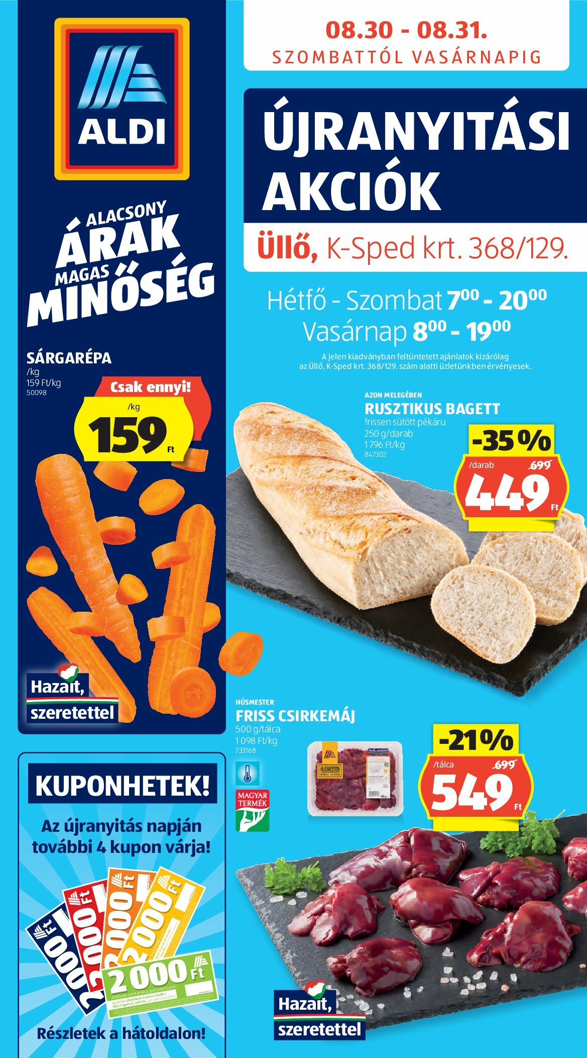 Aldi - Újranyitás: Üllő, akciós újság, érvényes 08.30. - 08.31.
