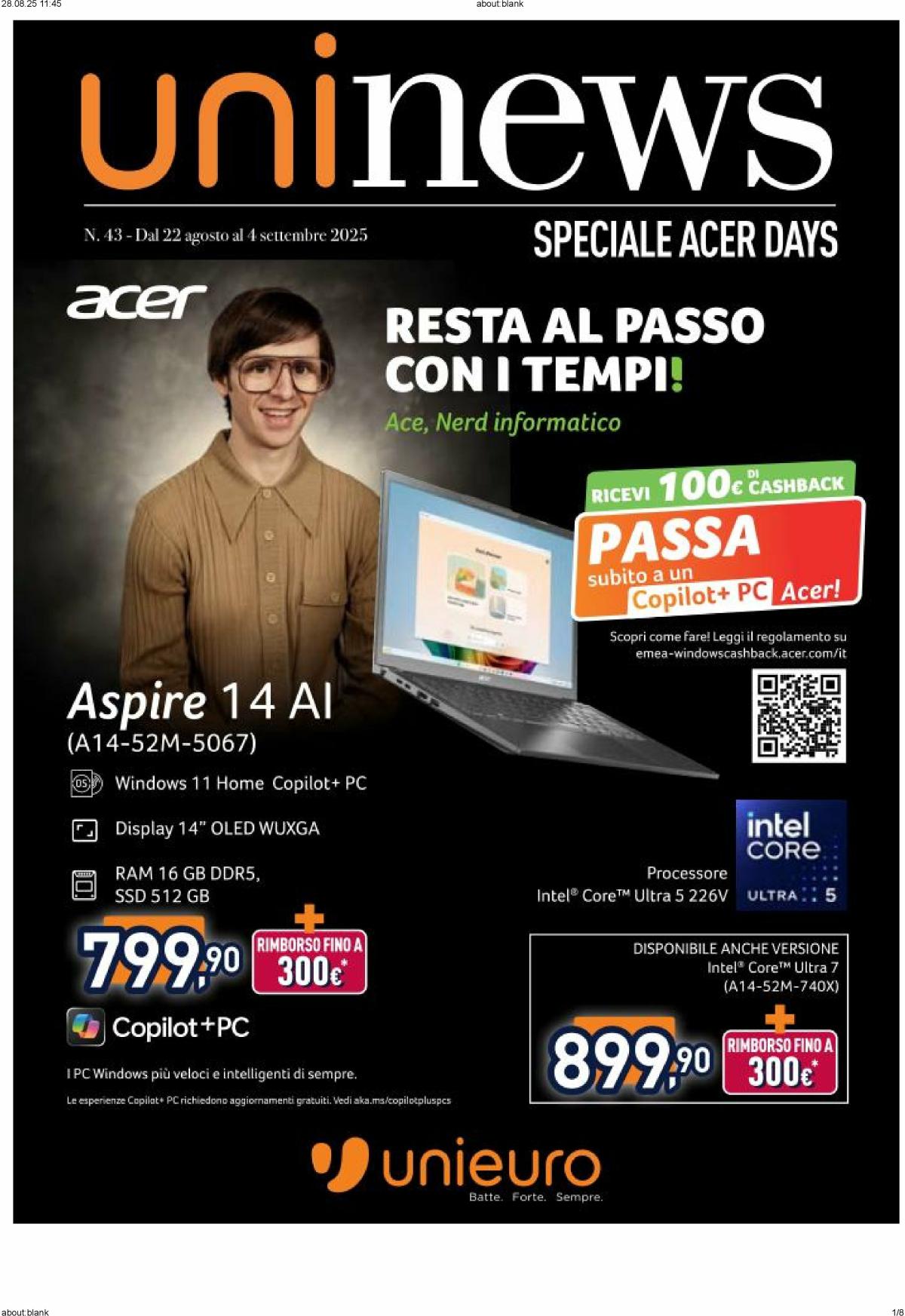 Volantino Unieuro - Speciale Acer valido dal 22/08 al 04/09