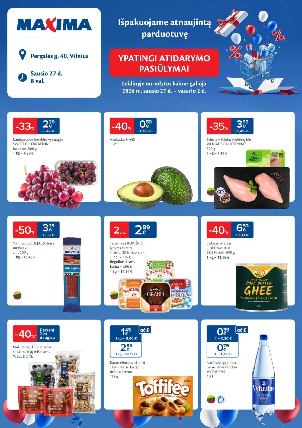 MAXIMA - Ypatingi atidarymo pasiūlymai atnaujintoje parduotuvėje Vilniuje, Pergalės g. 40 (2026 01 27 -2026 02 02)