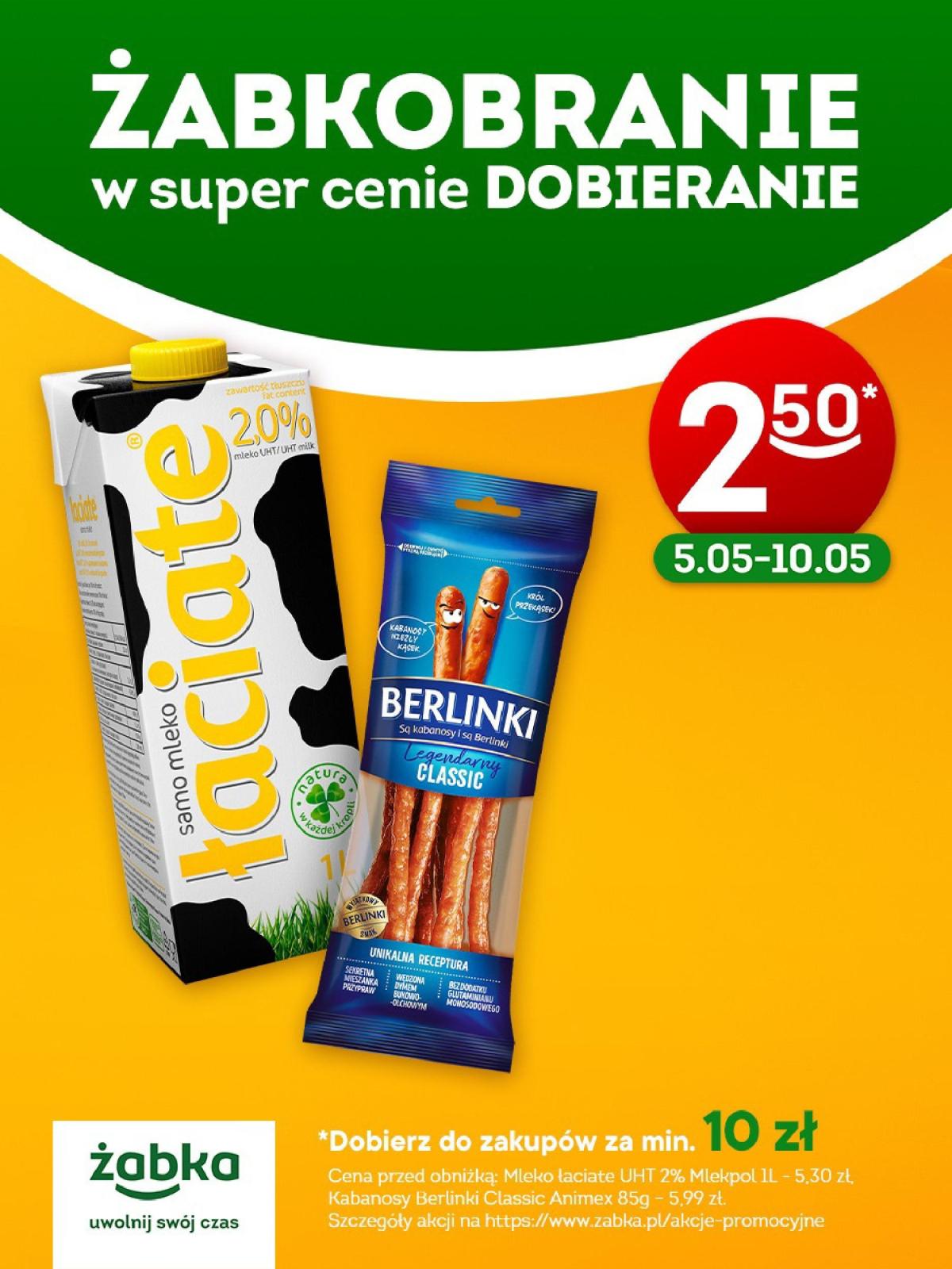 Żabka - Mleko i kabanosy Berlinki gazetka ważna od 05.05. - 10.05.