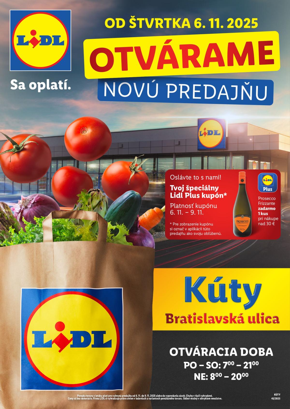 Leták Lidl - Nová predajňa v Kútoch platný od 06.11. do 09.11.