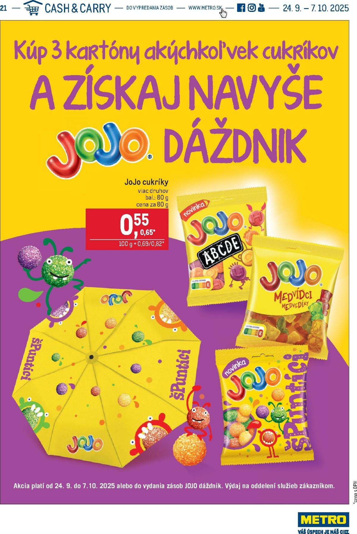 Leták Metro - Kúp 3 kartóny cukríkov a získaj JOJO dáždnik platný od 24.09. do 07.10.
