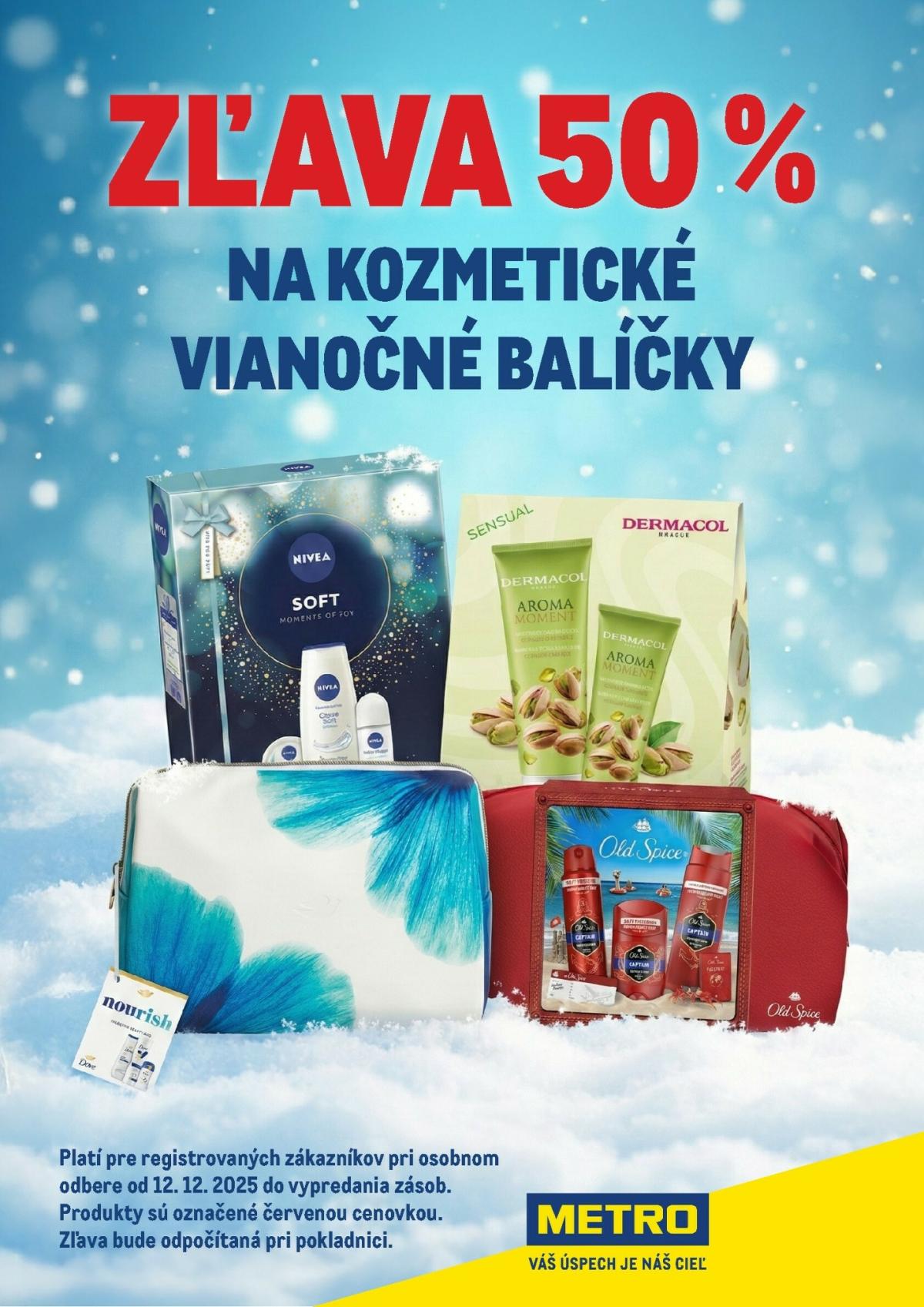 Leták Metro - Zľava 50% na kozmetické balíčky platný od 12.12. do 31.12.