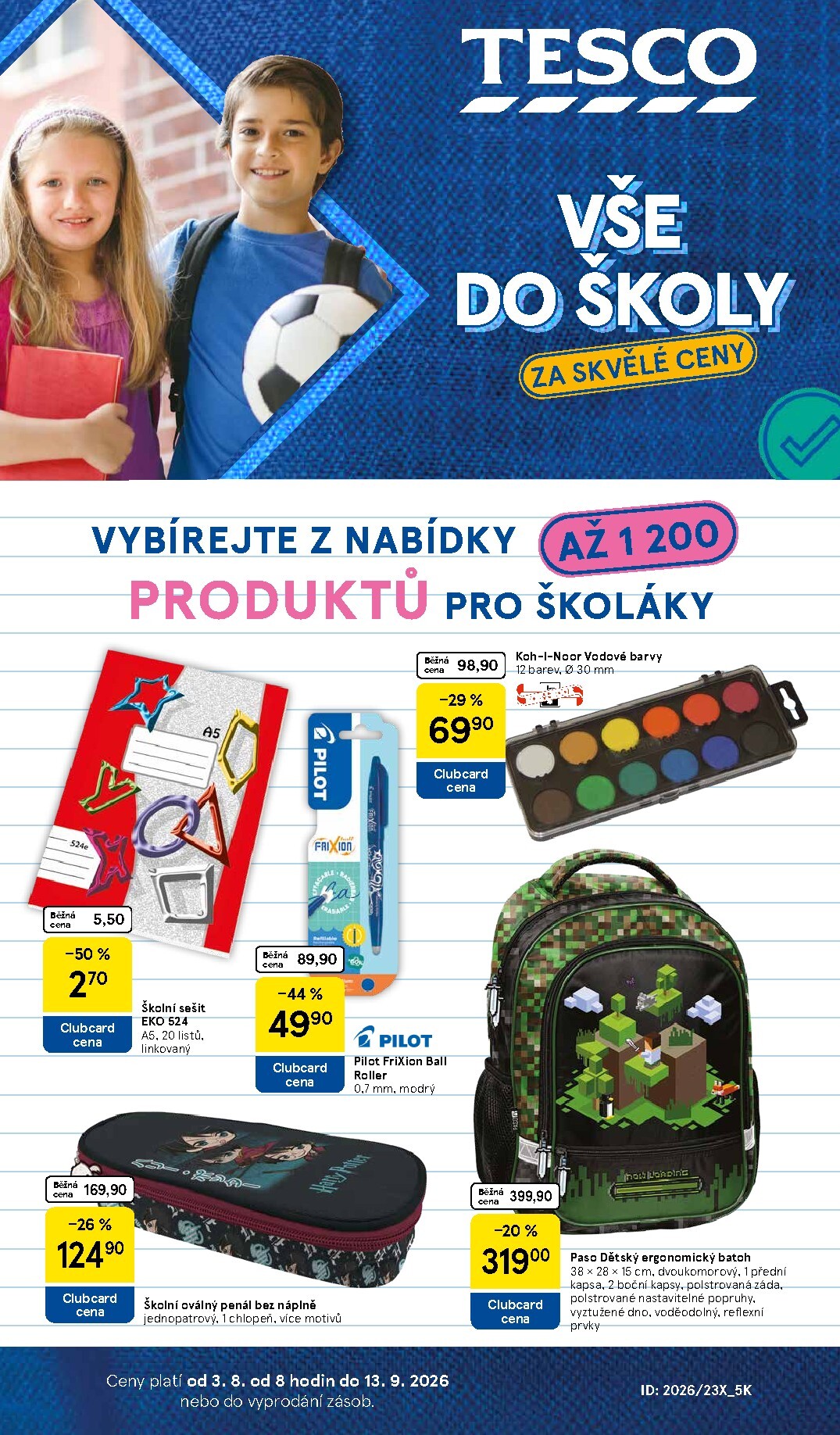 Aktuální Tesco - Vše do školy leták platný od pondělí 03.08.2026 do neděle 13.09.2026