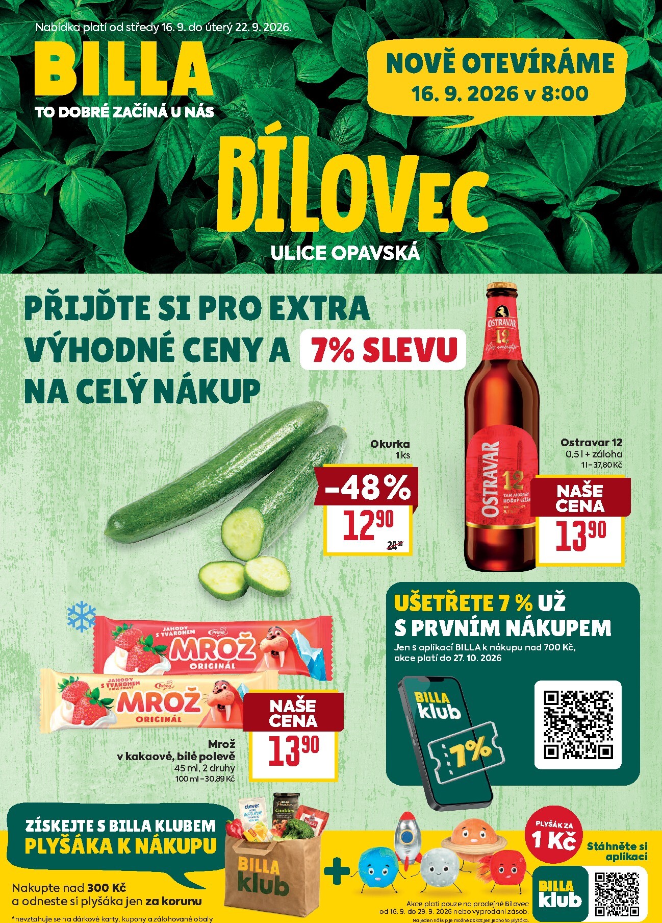 Budoucí Billa - Bílovec leták platný od středy 16.09.2026 do úterý 22.09.2026