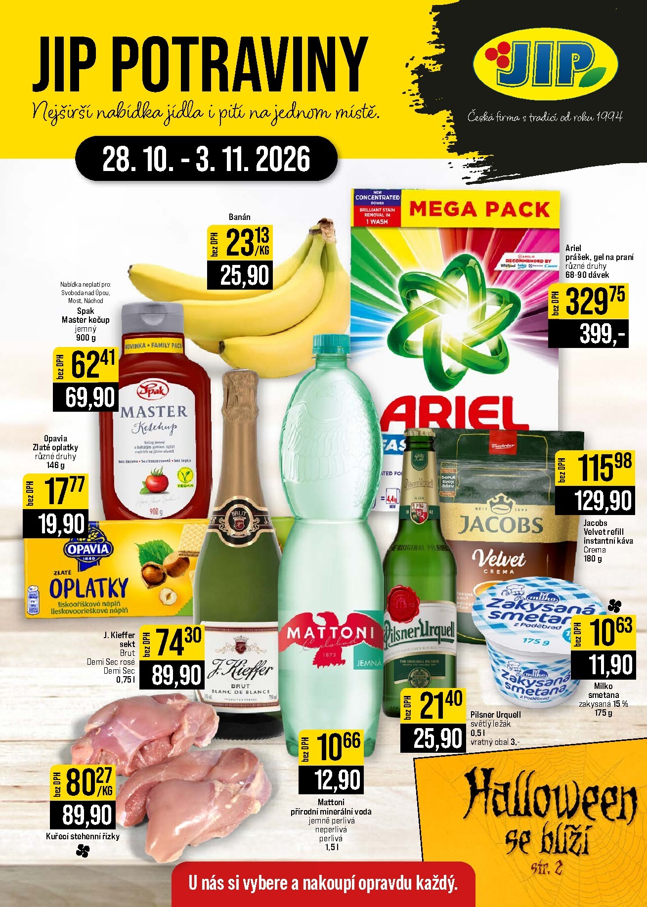 JIP - České Budějovice, Most, Náchod, Sušice, Svoboda nad Úpou leták na příští týden od středy 28.10.2026 do úterý 03.11.2026