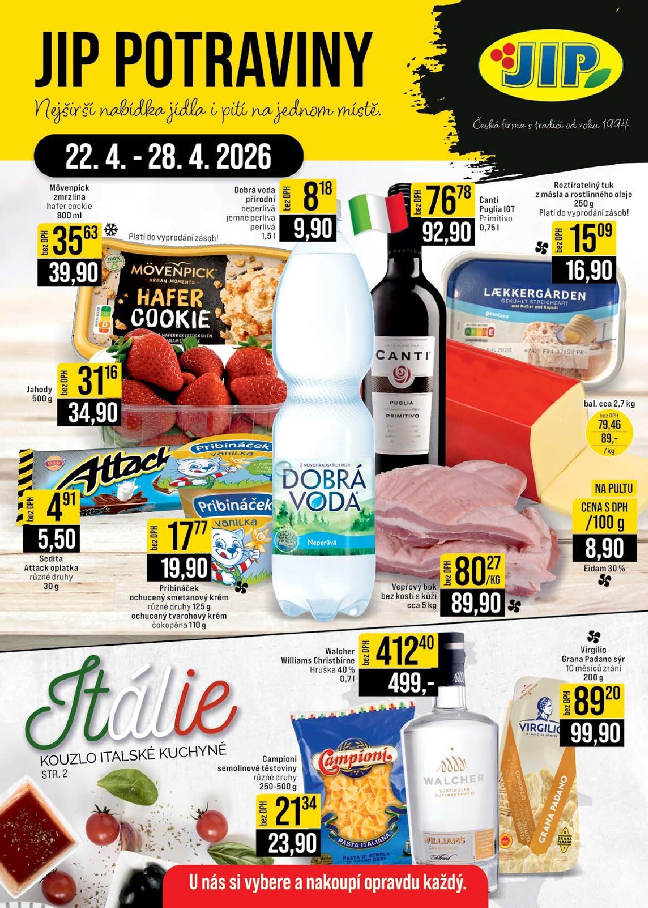 JIP - České Budějovice, Most, Svoboda nad Úpou, Náchod, Sušice leták na příští týden od středy 22.04.2026 do úterý 28.04.2026