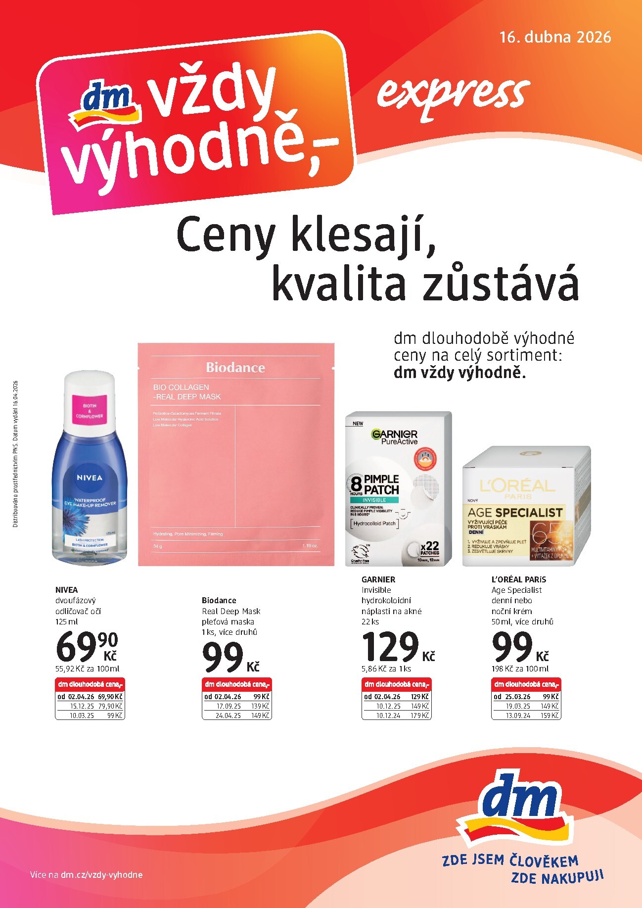 Aktuální dm drogerie - express leták platný od čtvrtka 16.04.2026 do středy 29.04.2026