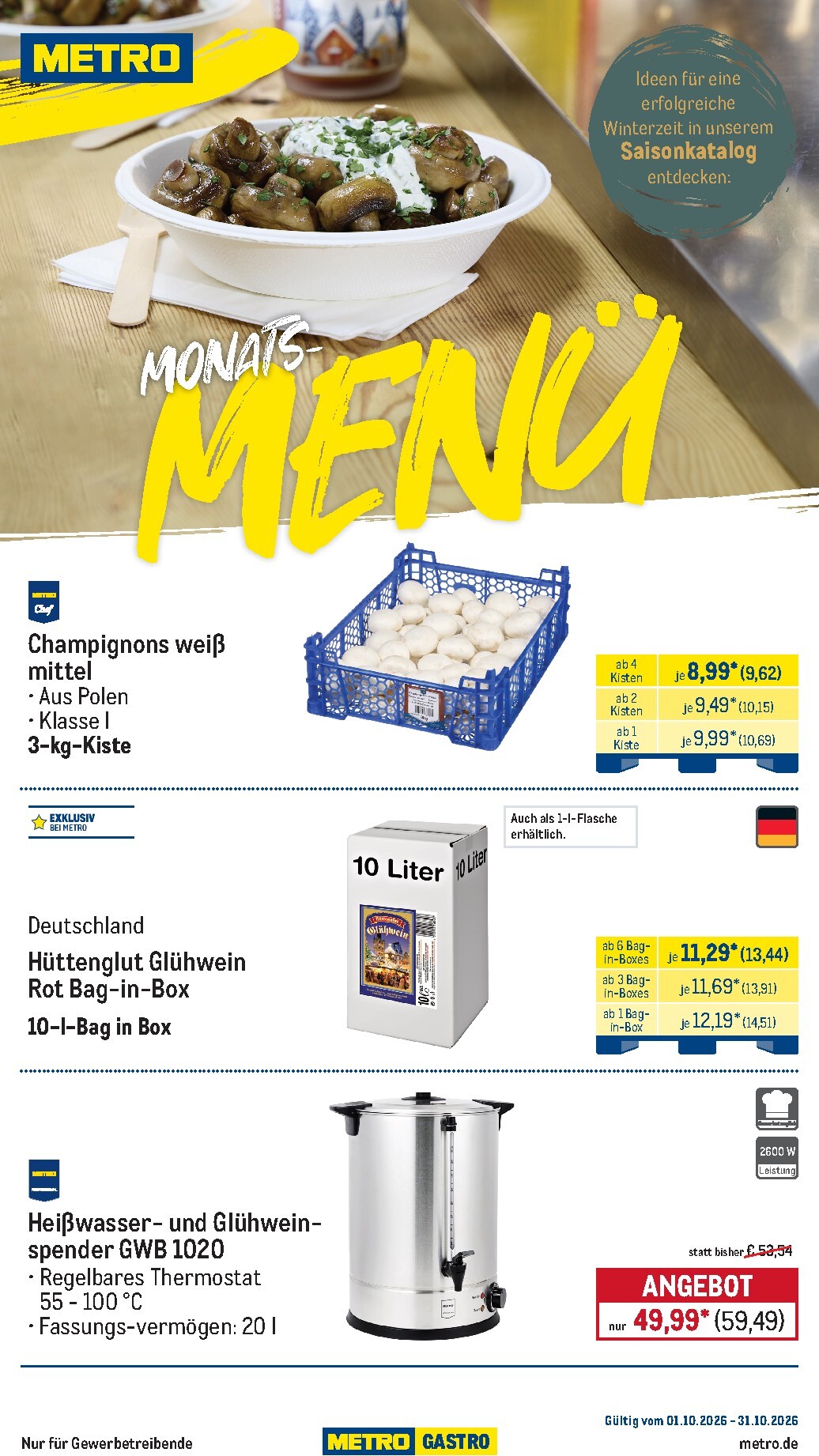 Metro - Monats-Menü Prospekt nächste Woche – von Donnerstag 01.10.2026 bis Samstag 31.10.2026