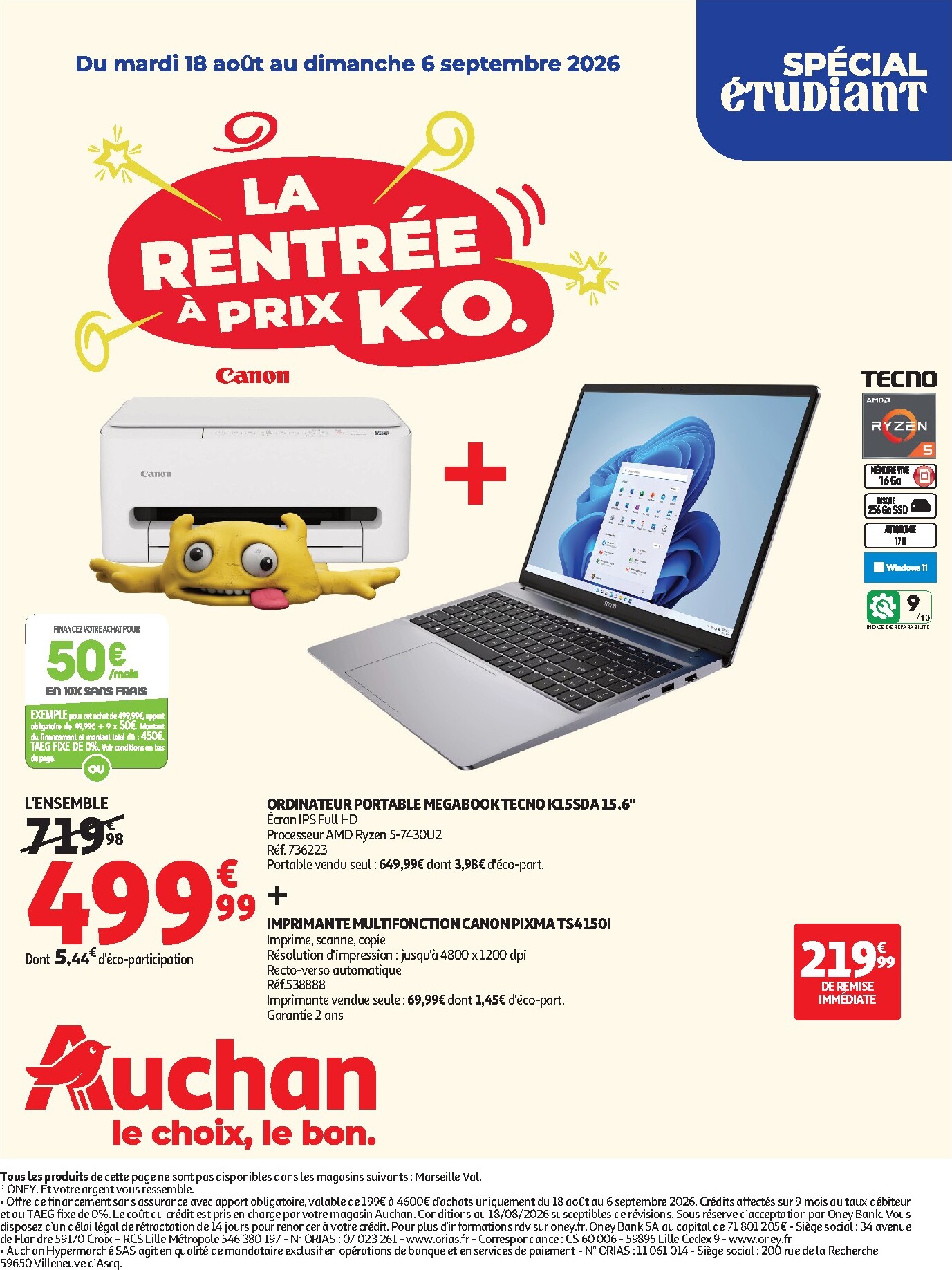 Flyer Auchan - Promos rentrée étudiants pour la semaine prochaine du du mardi 18/08/2026 au du dimanche 06/09/2026