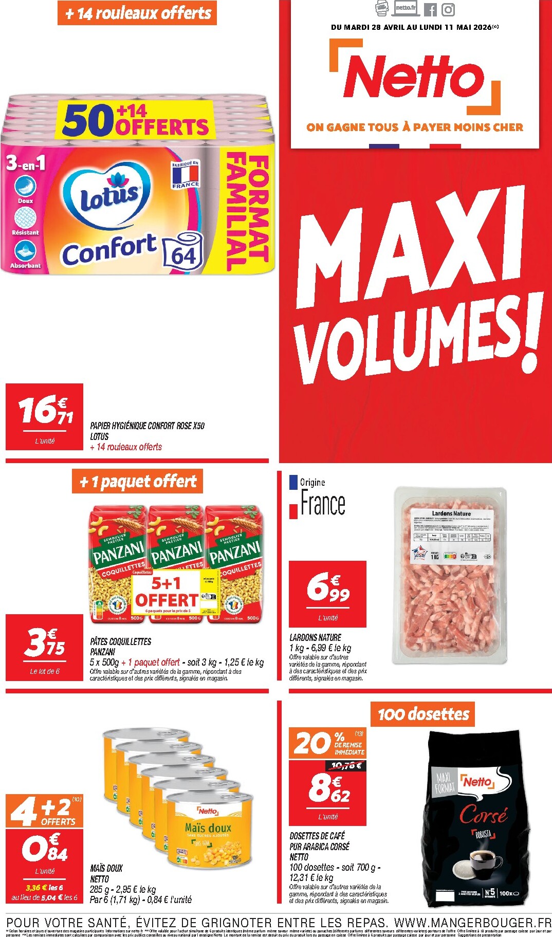 Flyer Netto - Maxi Volumes pour la semaine prochaine du du mardi 28/04/2026 au du lundi 11/05/2026