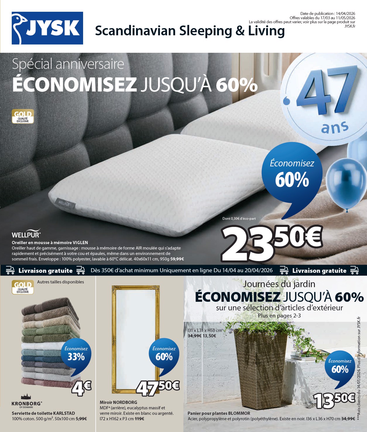 Current JYSK leaflet valid from du mardi 14/04/2026 to du lundi 11/05/2026