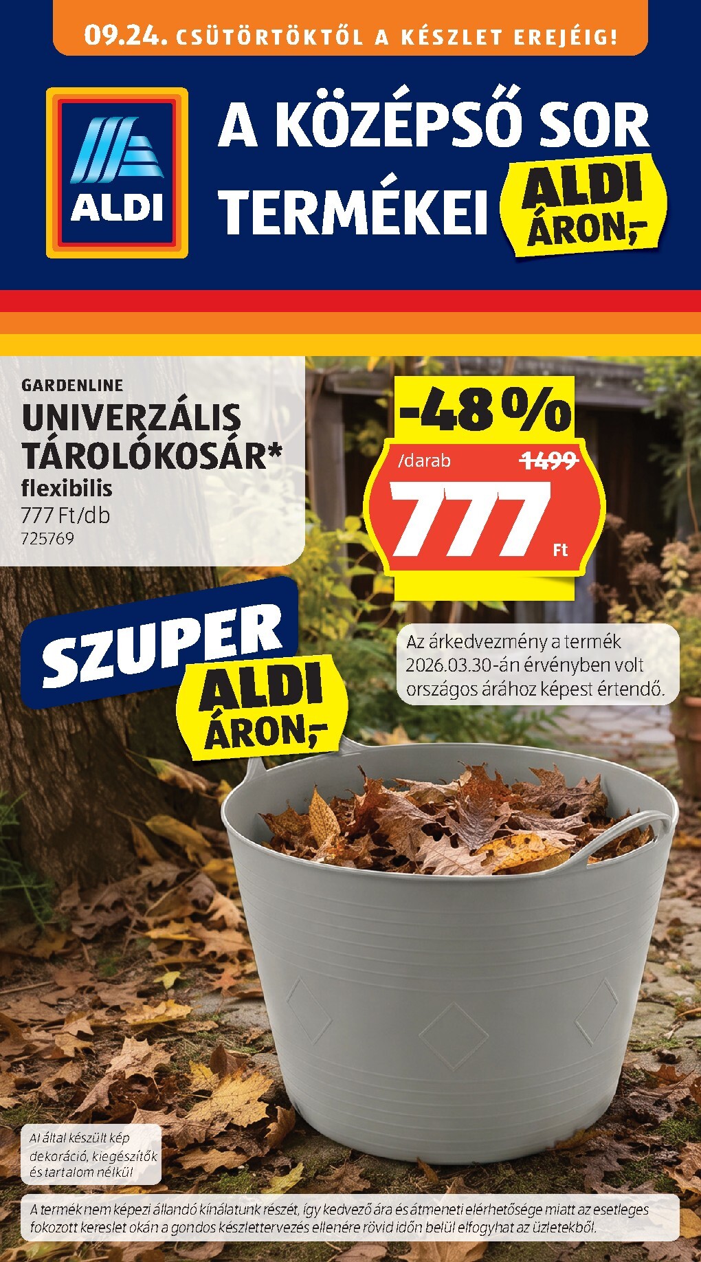 Aldi - Középső sor termékei hirdetmény a következő hétre csütörtöktől 2026.09.24.-tól szerdától 2026.09.30.-ig