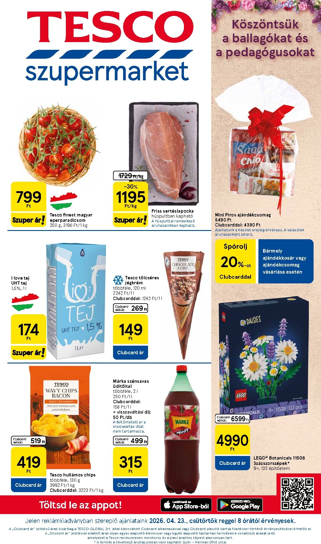 Tesco - szupermarket hirdetmény a következő hétre csütörtöktől 2026.04.23.-tól szerdától 2026.04.29.-ig