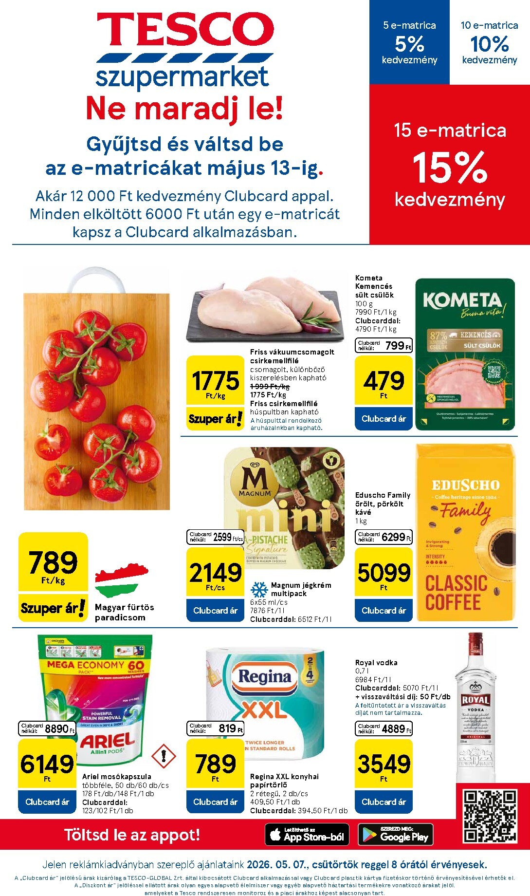 Tesco szupermarket hirdetmény a következő hétre csütörtöktől 2026.05.07.-tól szerdától 2026.05.13.-ig