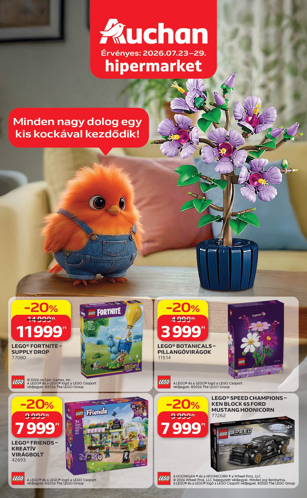 A jövőbeli Auchan - Lego ajánlataink akciós újság csütörtöktől 2026.07.23.-tól szerdától 2026.07.29.-ig érvényes.
