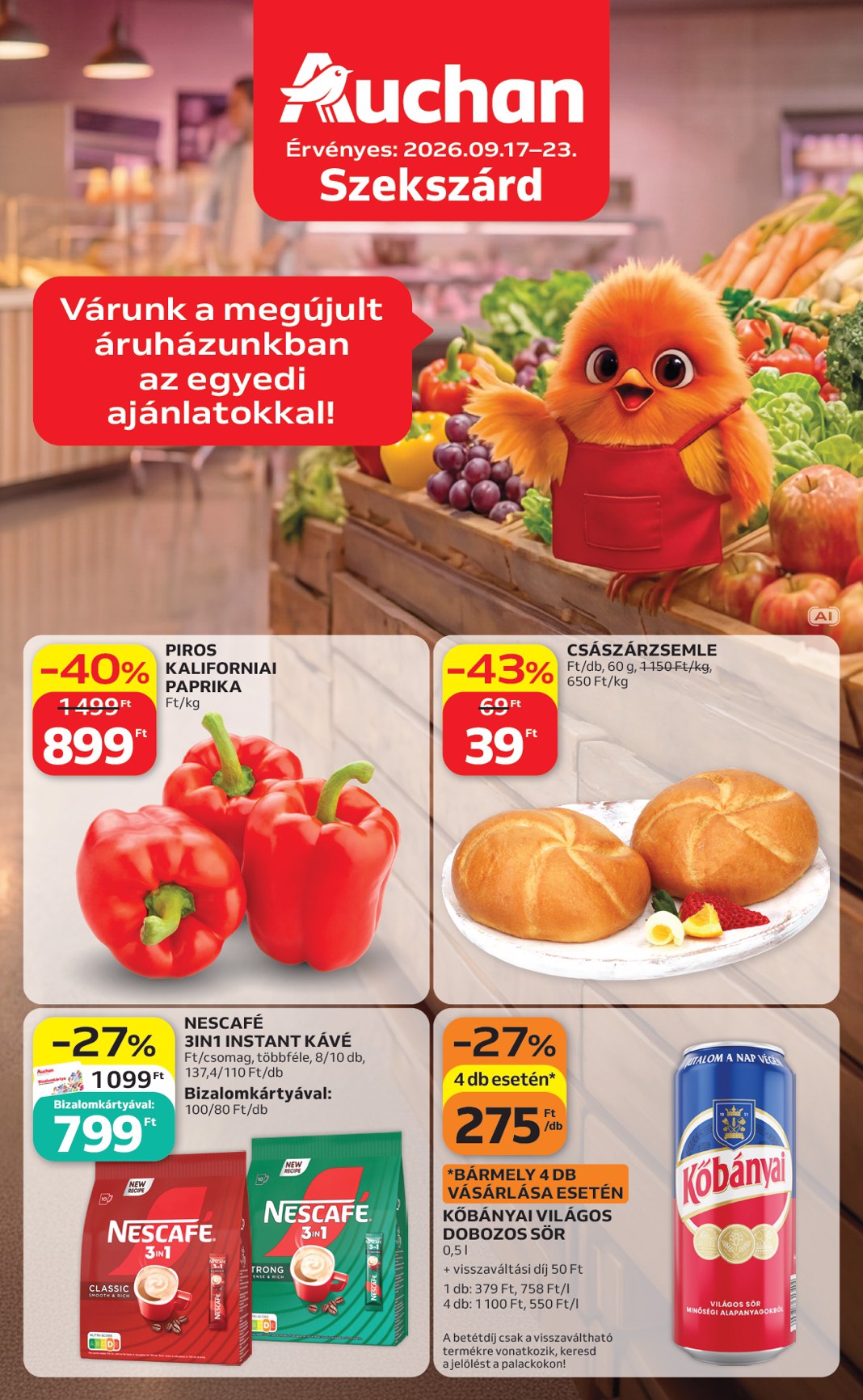 A jövőbeli Auchan Szupermarket Szekszárd akciós újság csütörtöktől 2026.09.17.-tól szerdától 2026.09.23.-ig érvényes.