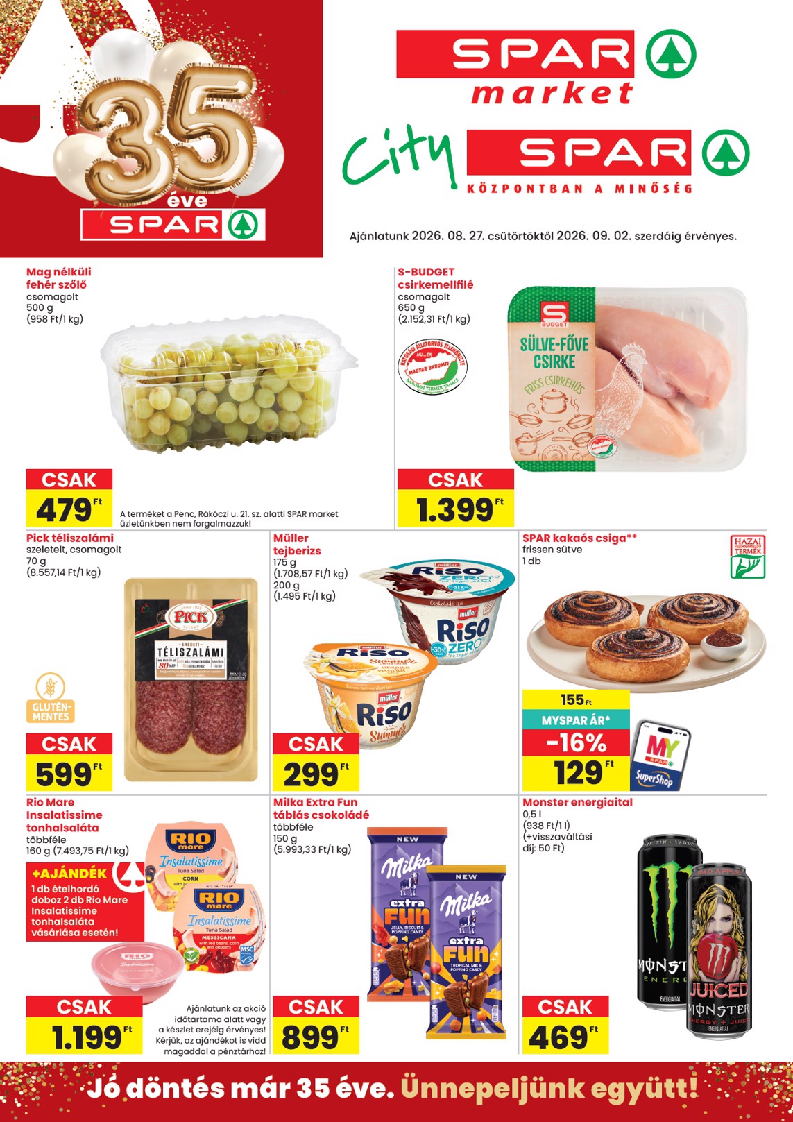 SPAR - Market, City hirdetmény a következő hétre csütörtöktől 2026.08.27.-tól szerdától 2026.09.02.-ig