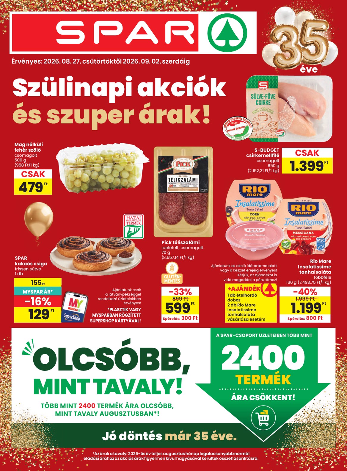 SPAR hirdetmény a következő hétre csütörtöktől 2026.08.27.-tól szerdától 2026.09.02.-ig