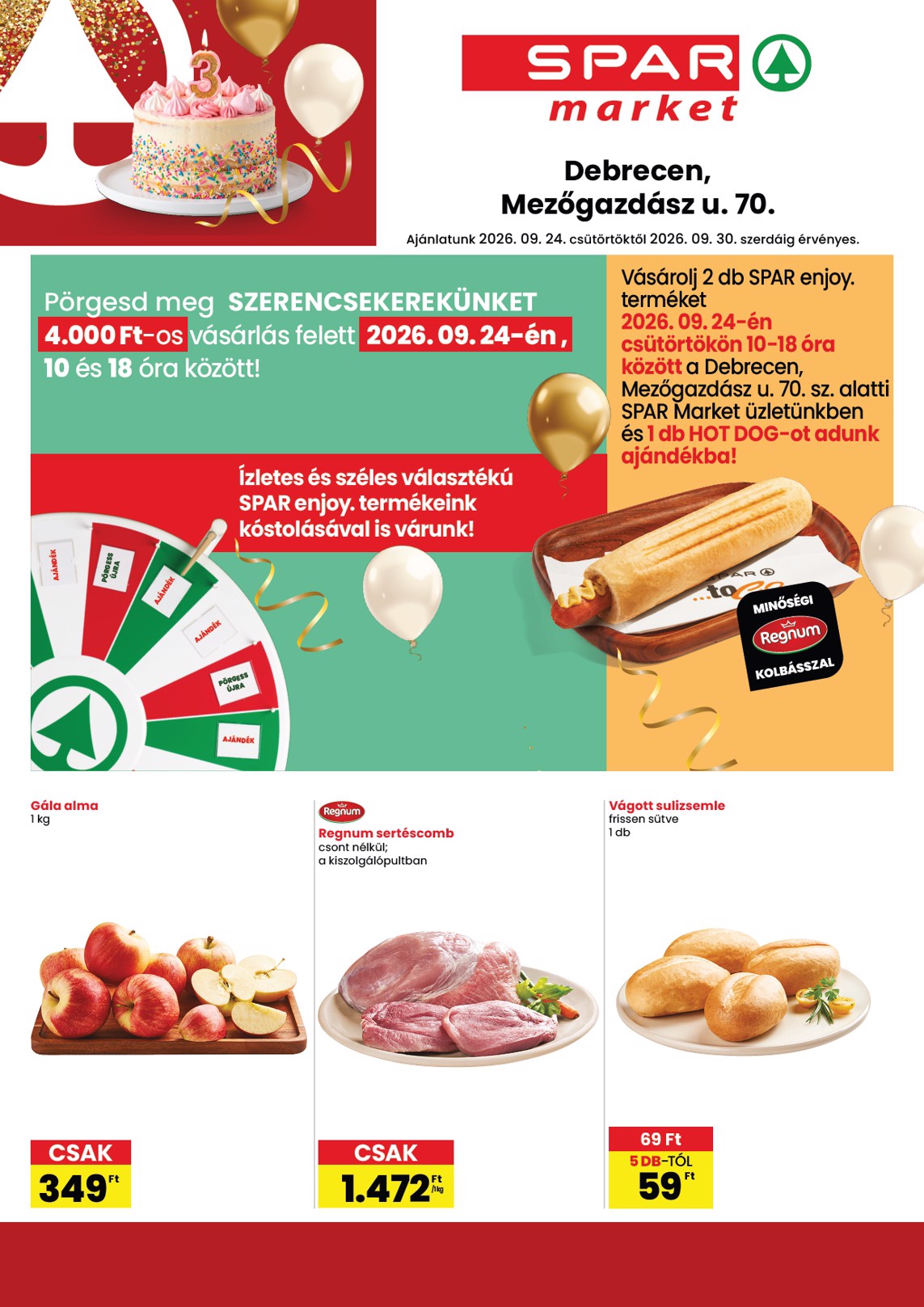 SPAR market - Debrecen Mezőgazdász utca szórólap hirdetmény a következő hétre csütörtöktől 2026.09.24.-tól szerdától 2026.09.30.-ig