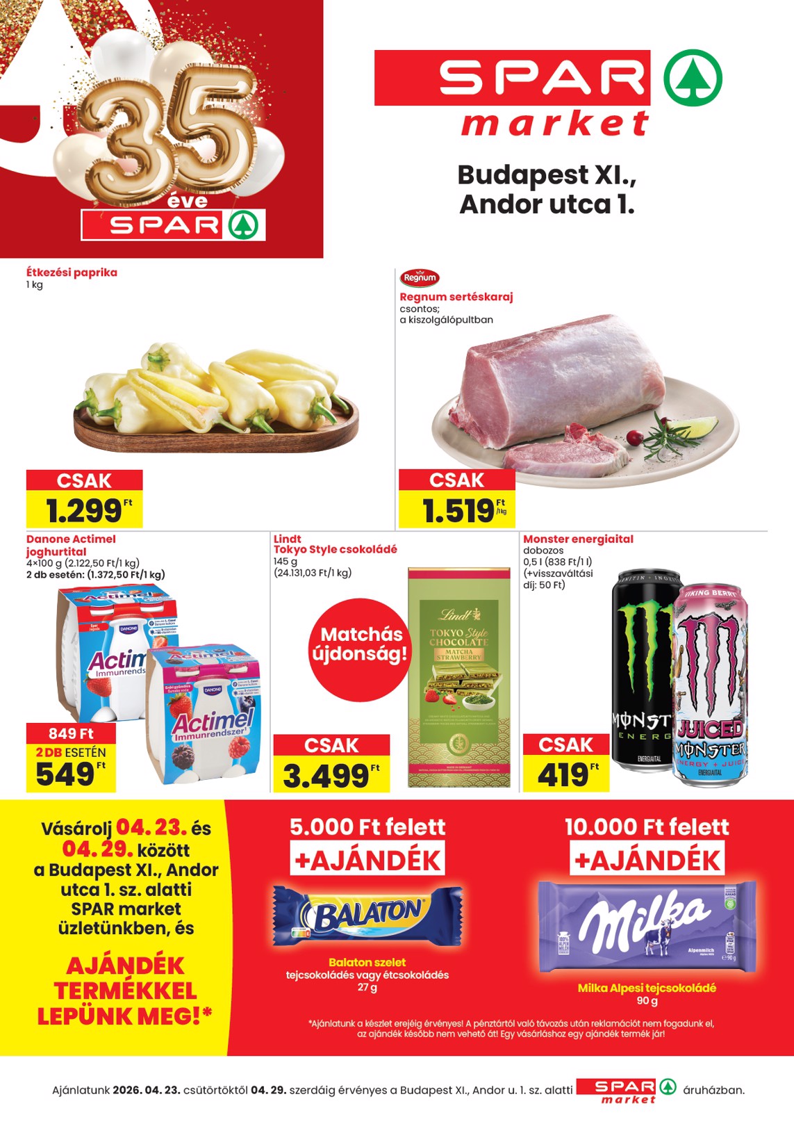 SPAR - Bp XI., Andor utca 1 szórólap hirdetmény a következő hétre csütörtöktől 2026.04.23.-tól szerdától 2026.04.29.-ig