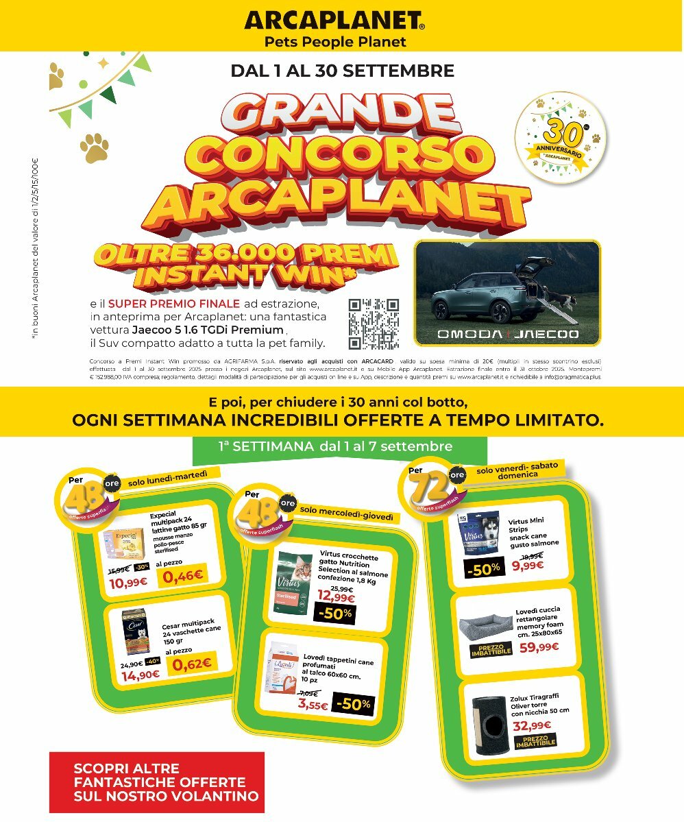 Volantino Arcaplanet - Grande Concorso valido dal 01/09 al 14/09