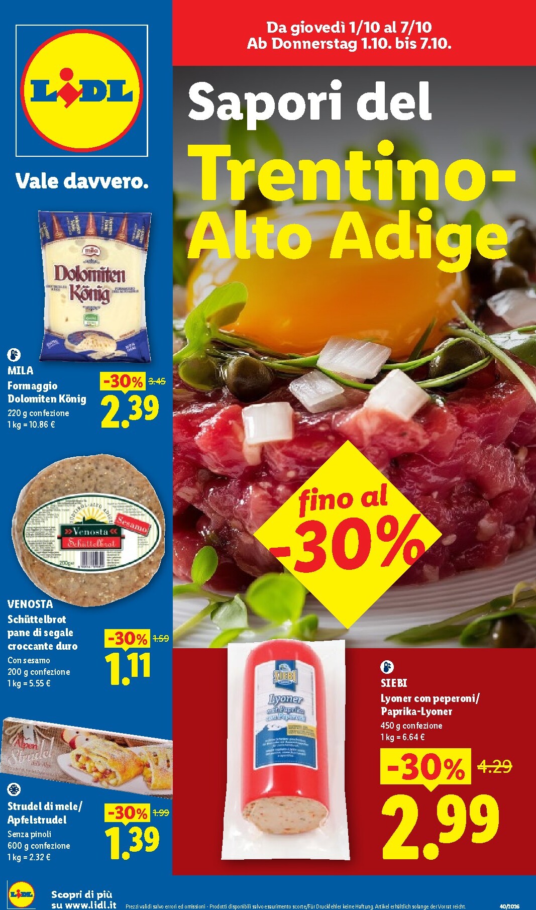 Volantino Lidl - Trentino Alto-Adige per la prossima settimana dal giovedì 01/10/2026 al mercoledì 07/10/2026