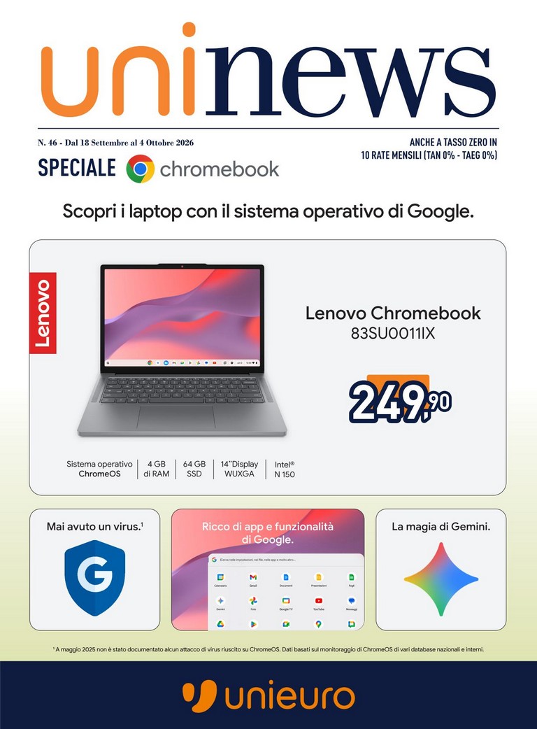 Volantino attuale di Unieuro - Speciale Chromebook valido dal venerdì 18/09/2026 al domenica 04/10/2026