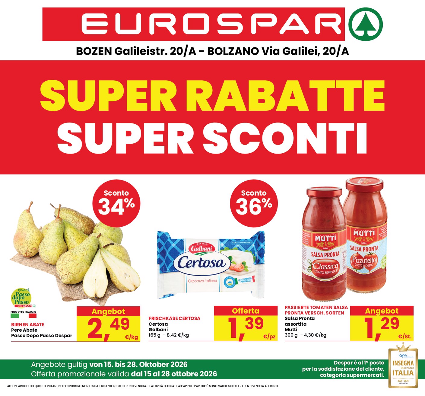 Volantino attuale di Eurospar - Bozen, Bolzano valido dal giovedì 15/10/2026 al mercoledì 28/10/2026