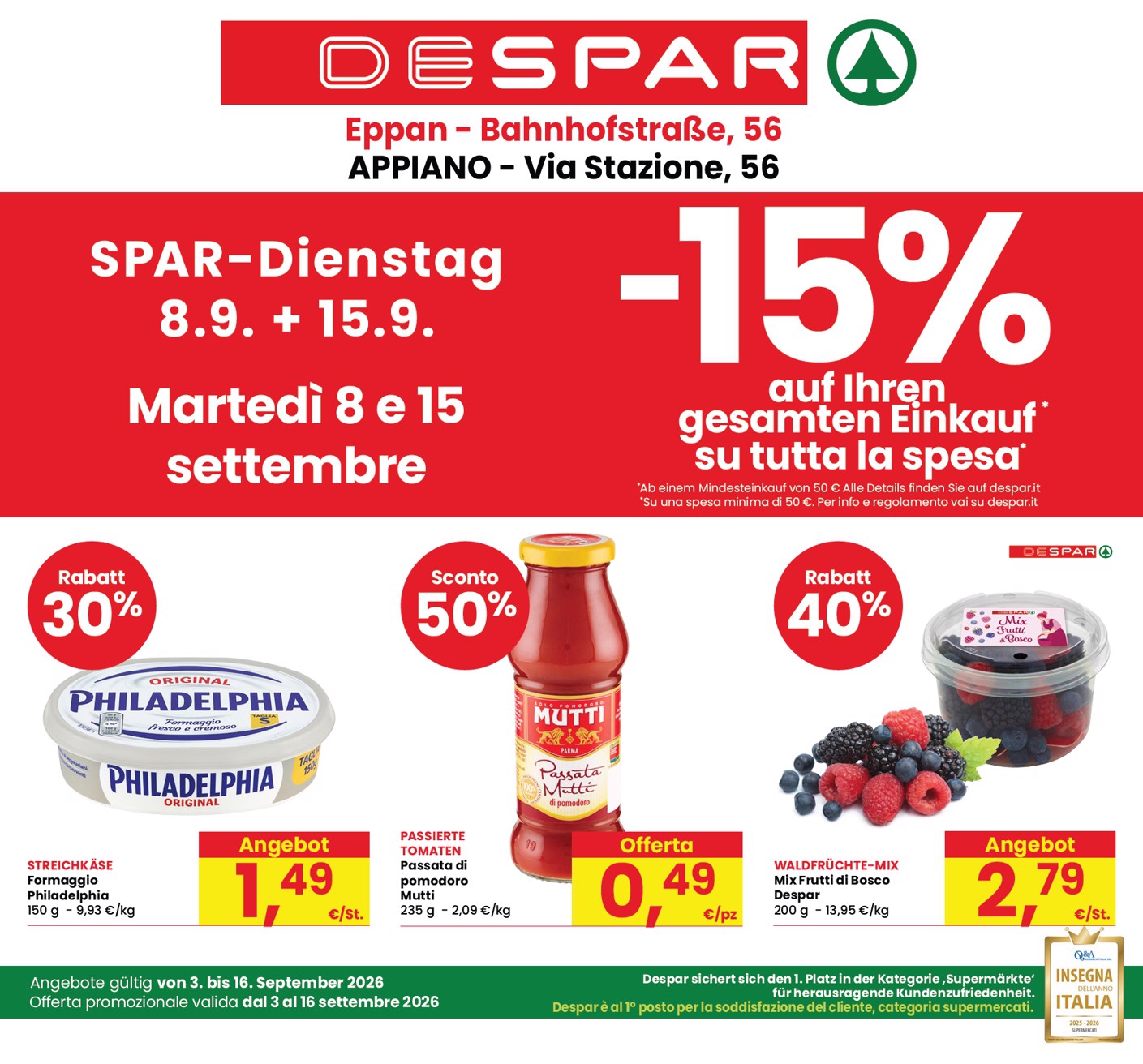 Volantino attuale di Despar - Appiano valido dal giovedì 03/09/2026 al mercoledì 16/09/2026