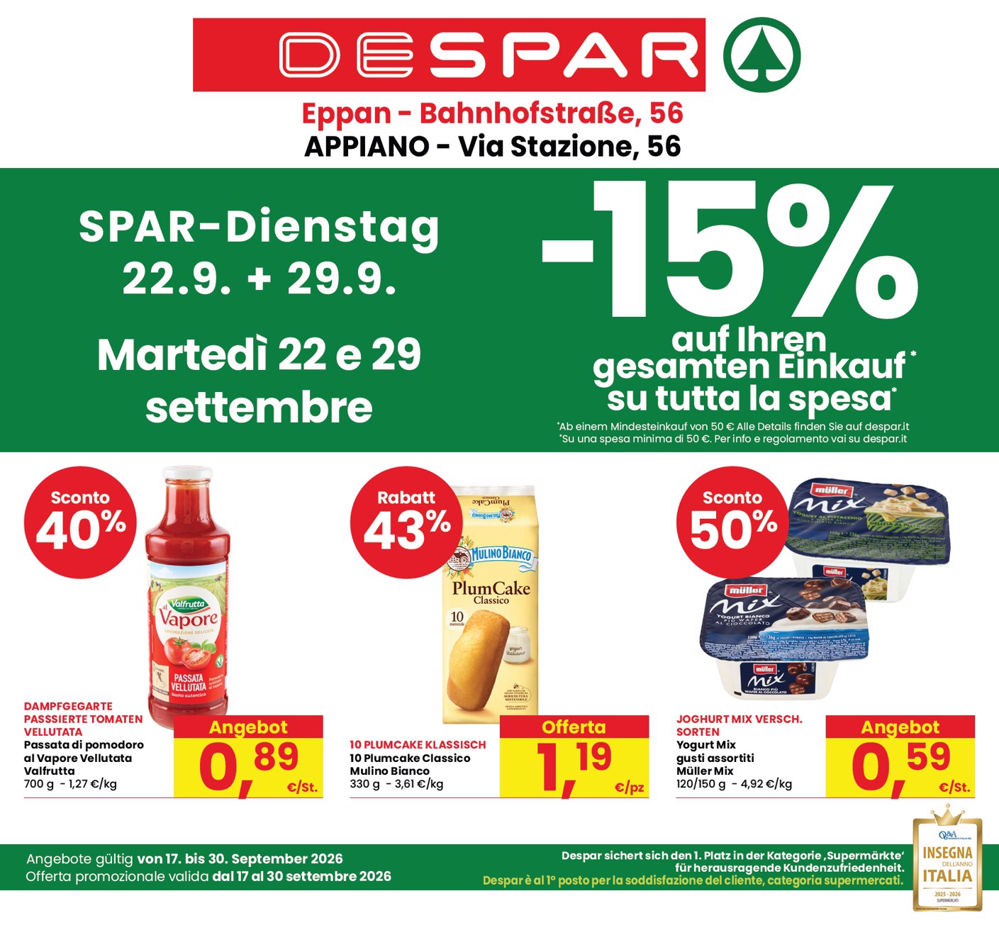 Volantino attuale di Despar - Eppan, Appiano valido dal giovedì 17/09/2026 al mercoledì 30/09/2026
