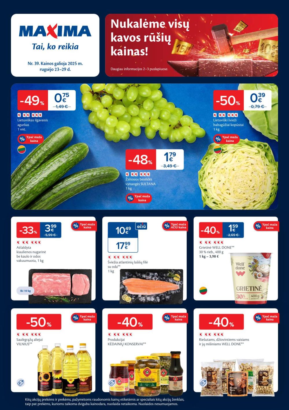 Apsipirkite protingai: MAXIMA - vynuogės su 48% nuolaida, RIMI - 500g vištiena tik 3,29€, NORFA - batonas už 50% pigiau! 2025-09-24 naujausi pasiūlymai ir nuolaidos