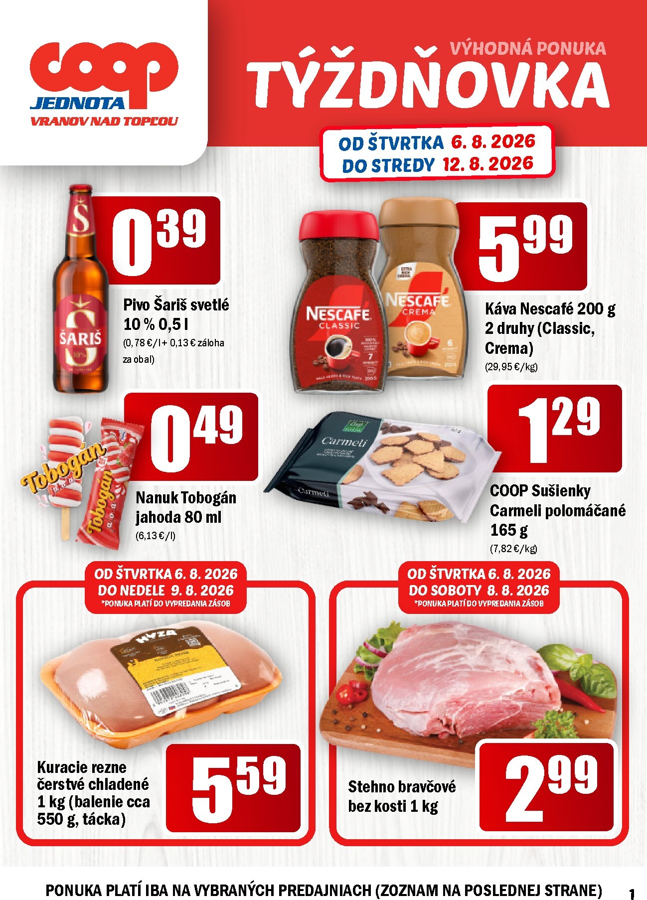 Nový COOP Jednota - Vranov nad Topľou leták od štvrtka, 06.08.2026 do stredy, 12.08.2026