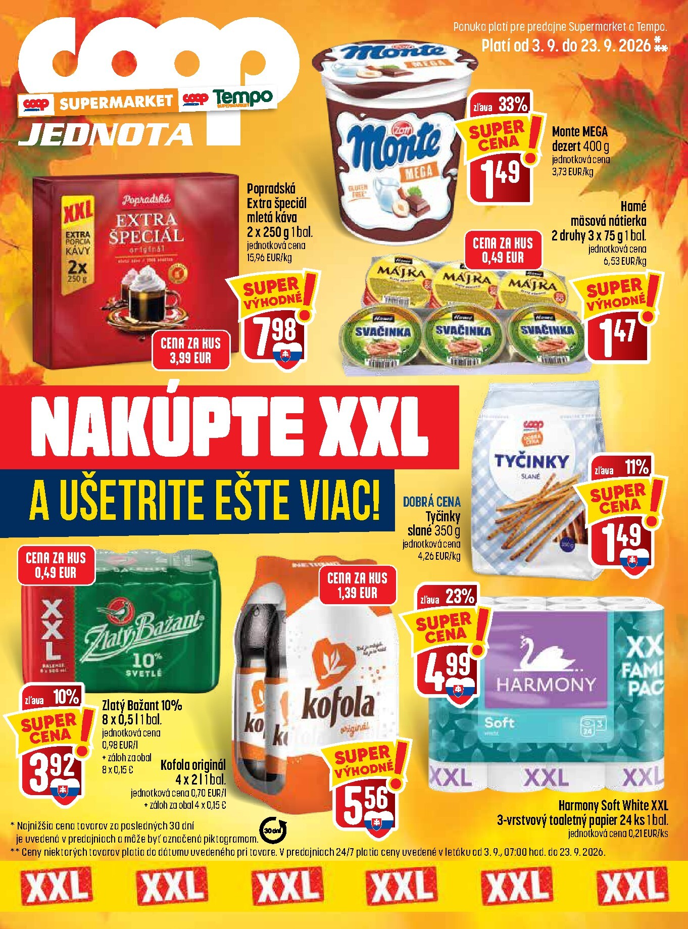 Nový COOP Jednota - Špecial XXL - Supermarket a Tempo leták od štvrtka, 03.09.2026 do stredy, 23.09.2026