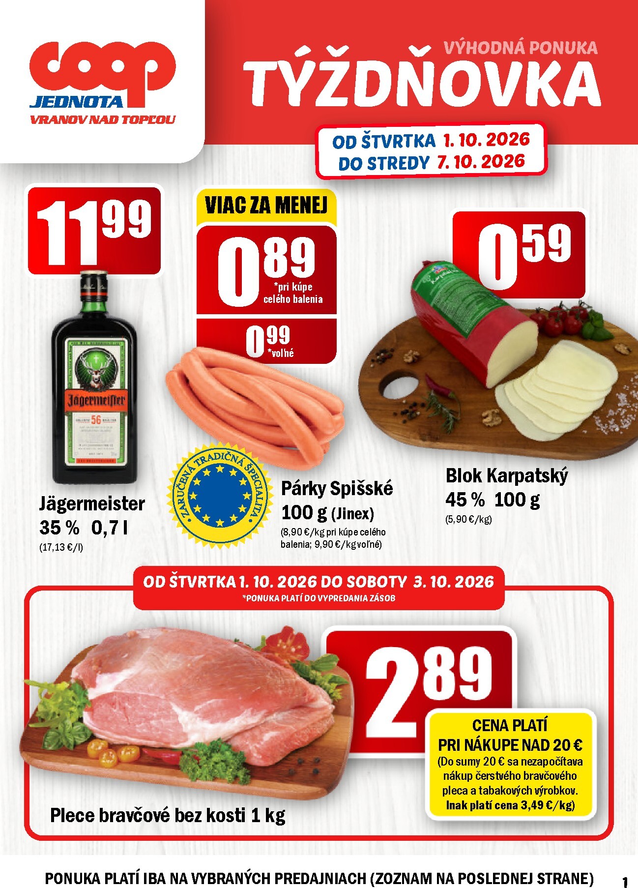 Aktuálny COOP Jednota - Vranov nad Topľou leták od štvrtka, 01.10.2026 do stredy, 07.10.2026