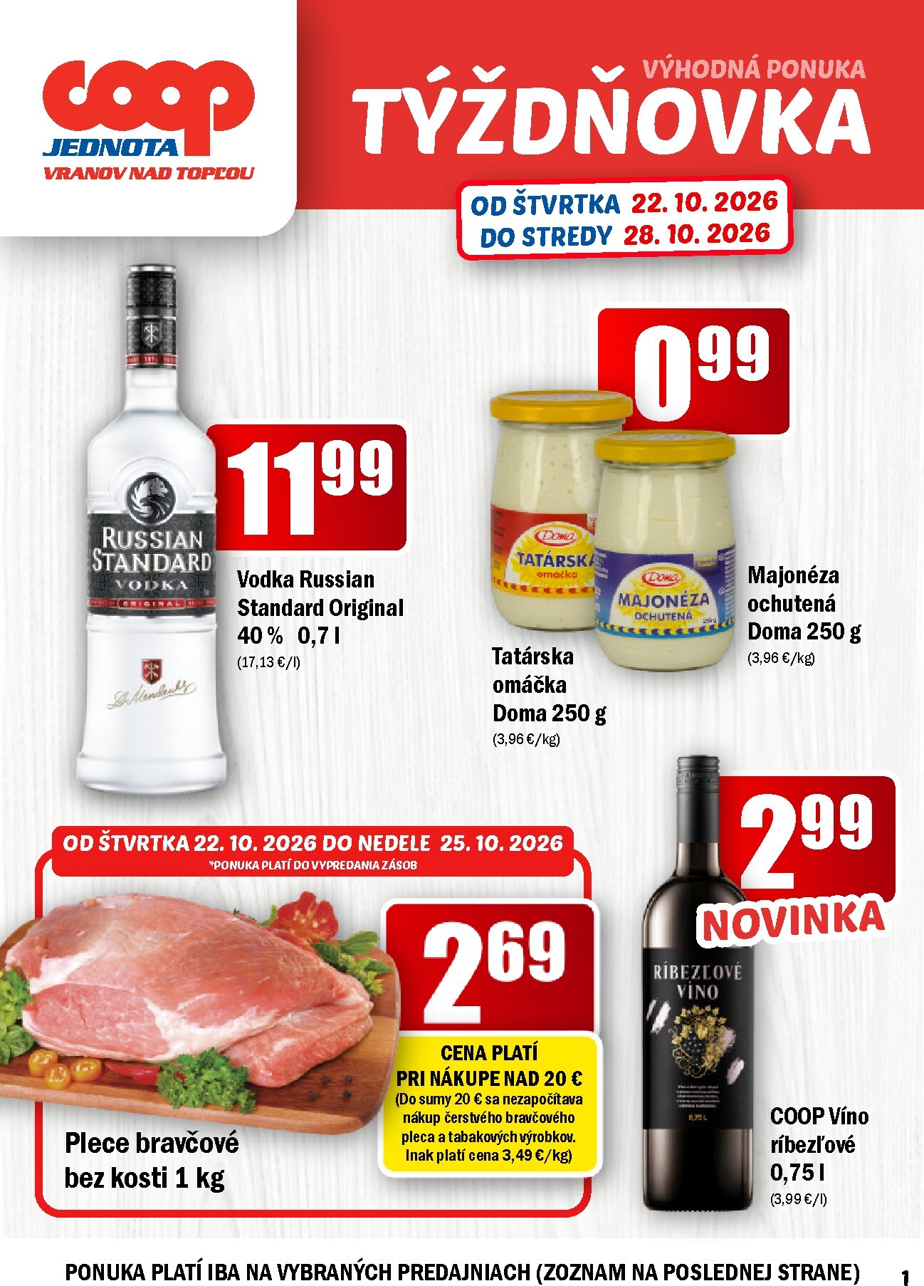 Aktuálny COOP Jednota - Vranov nad Topľou leták od štvrtka, 22.10.2026 do stredy, 28.10.2026
