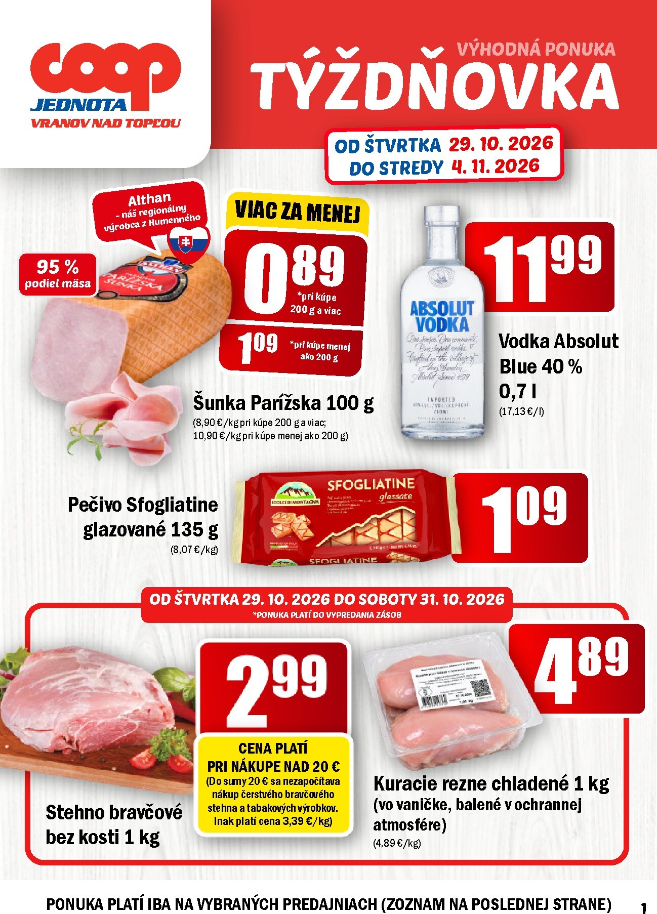 Aktuálny COOP Jednota - Vranov nad Topľou leták od štvrtka, 29.10.2026 do stredy, 04.11.2026