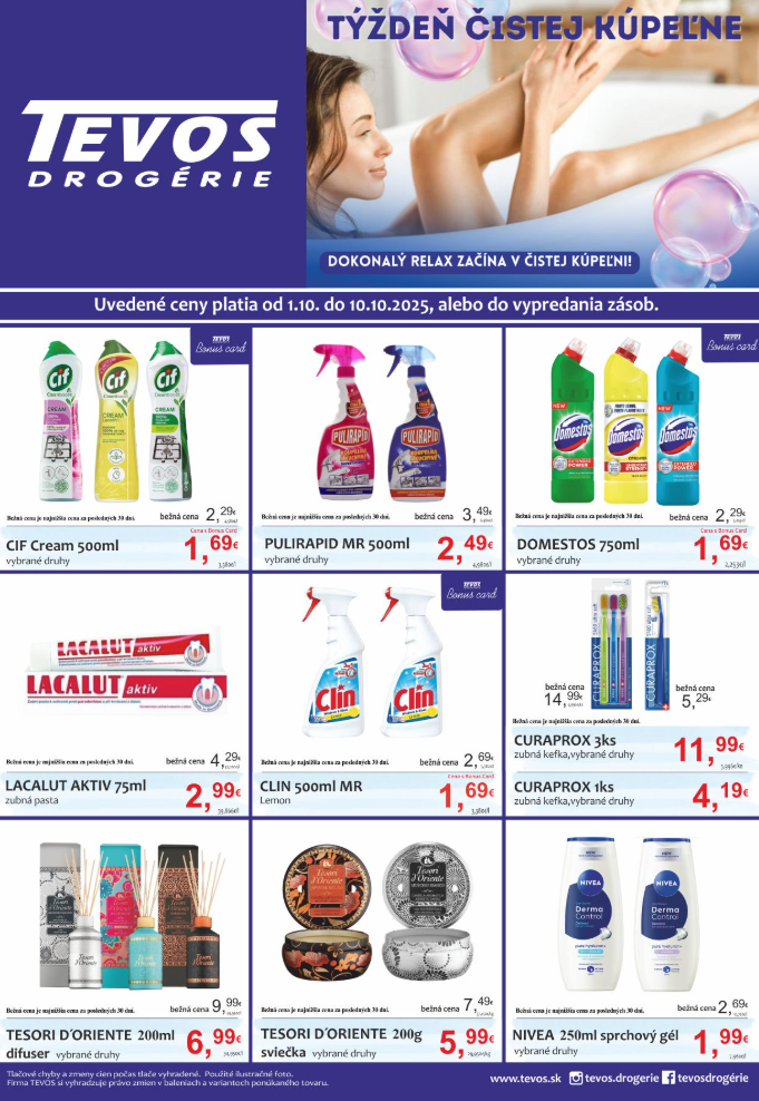 Leták TEVOS drogérie - Týždeň čistej kúpeľně platný od 01.10. do 10.10.