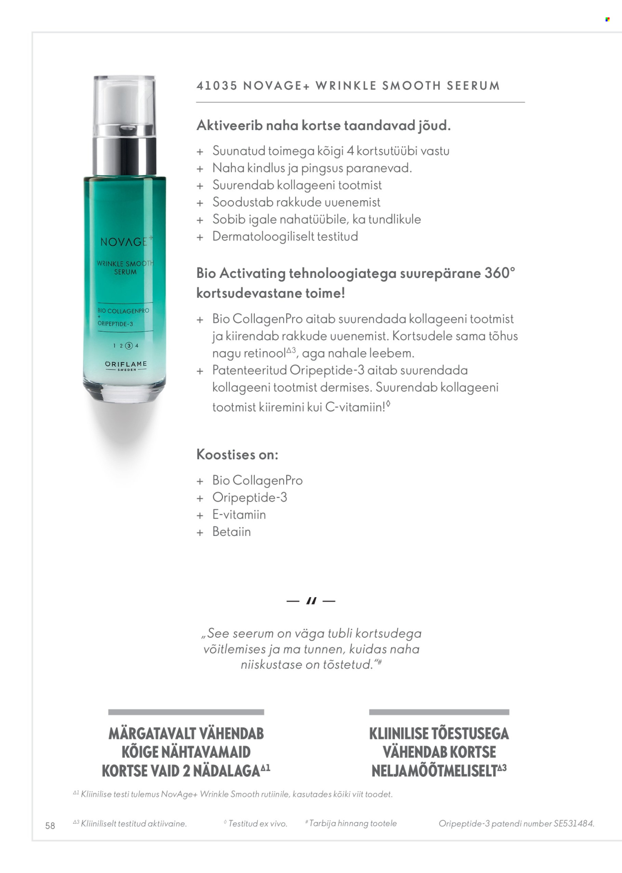 Oriflame kliendileht - Novage+ tootejuht 58