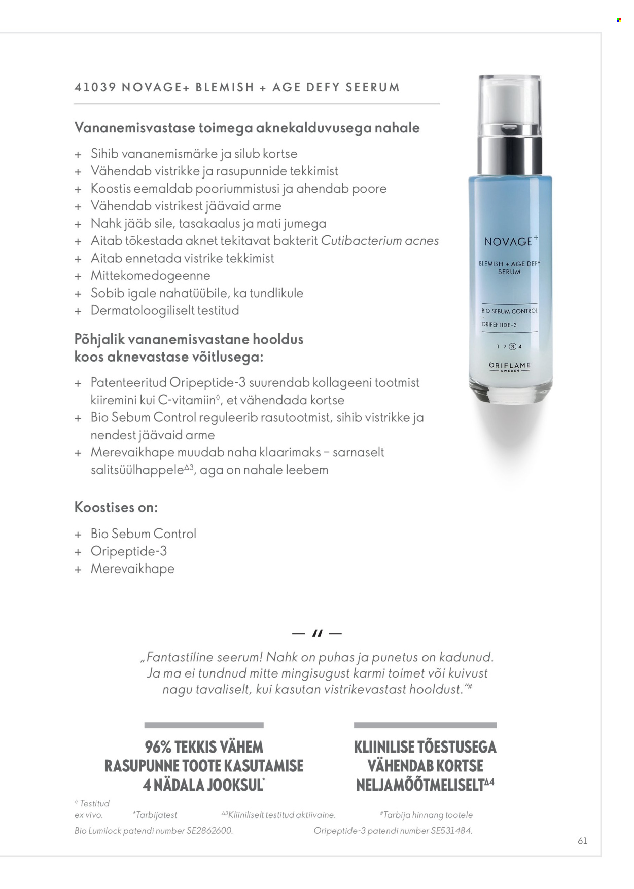 Oriflame kliendileht - Novage+ tootejuht 61