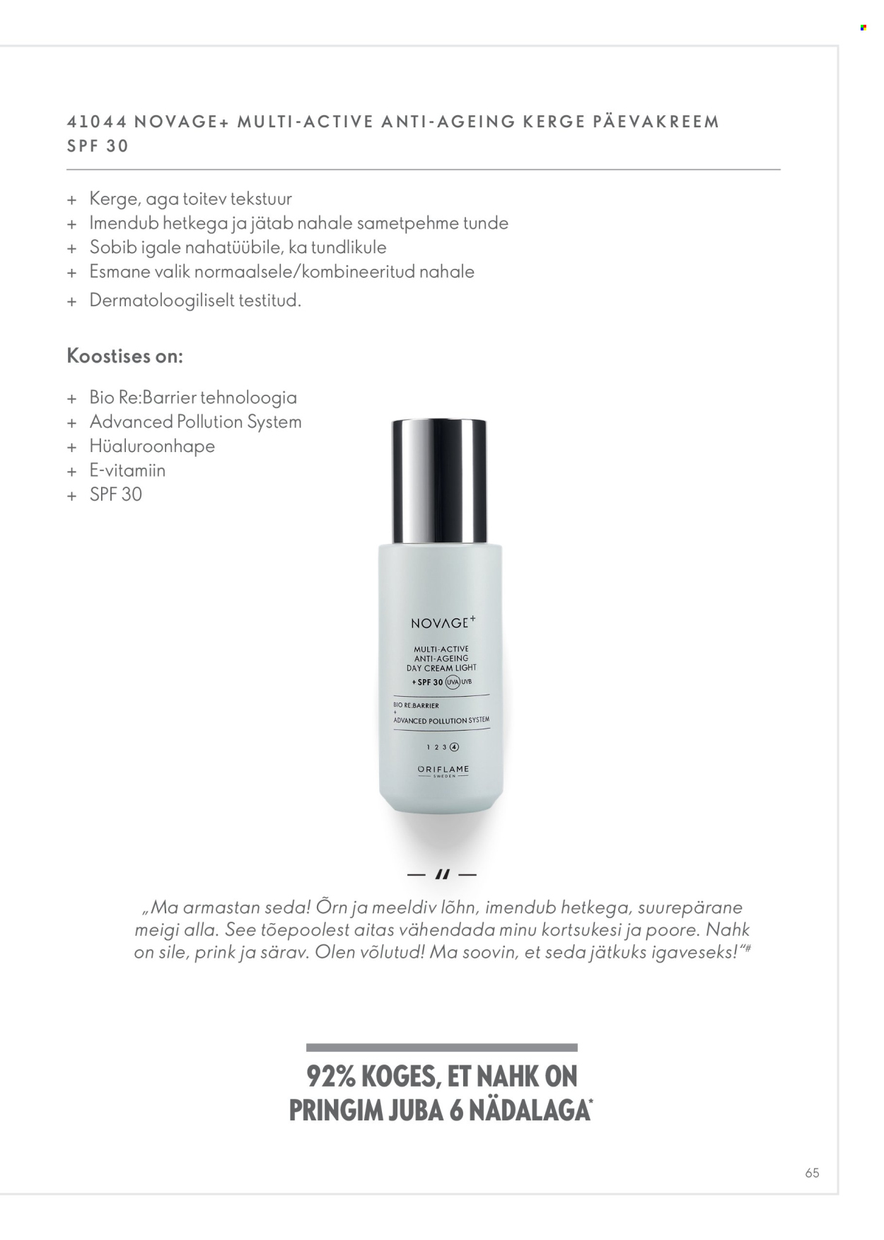 Oriflame kliendileht - Novage+ tootejuht 65