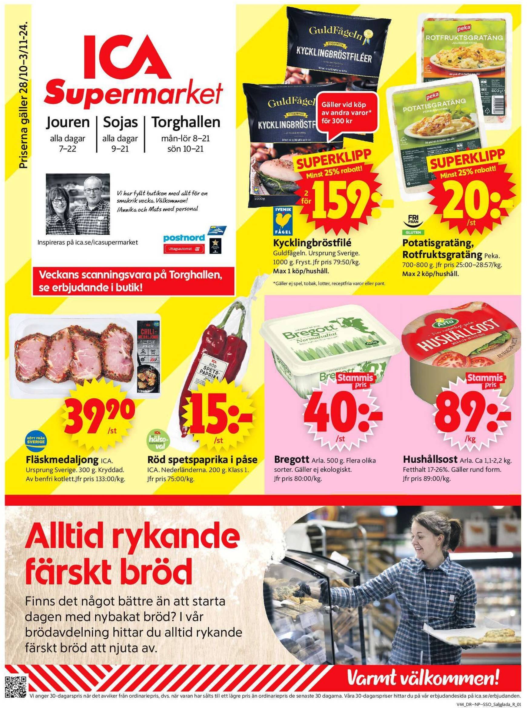 ICA Supermarket-reklambladet är giltigt från 28.10. - 03.11.